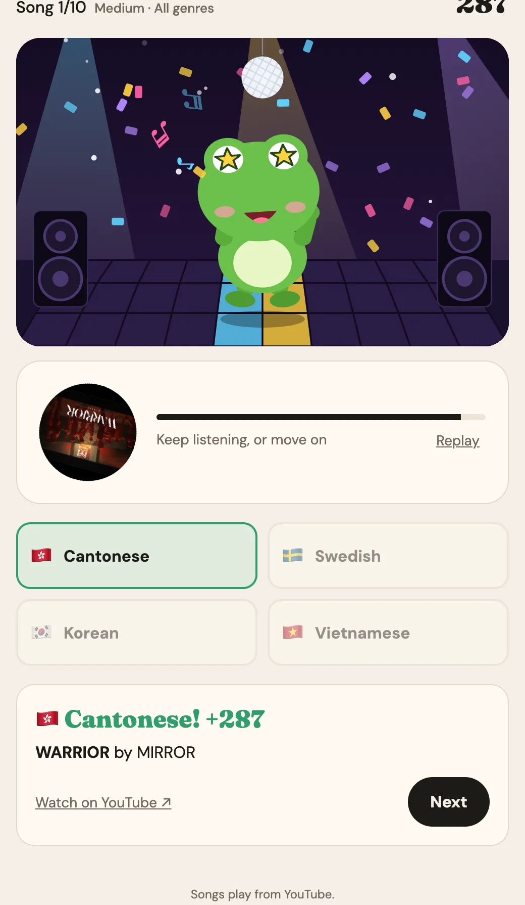 A Lingo Tune round: a frog dances on a disco stage while the player picks Cantonese from four choices and scores 287 points